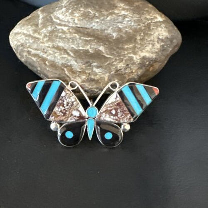 Zuni Butterfly Wild Horse Turquoise Onyx Inlay Pin Pendant | Sterling Silver | Authentic Native American Handmade | 15153
