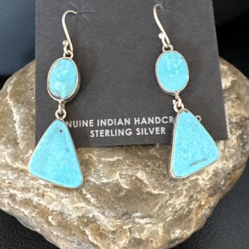 Navajo Blue Kingman Turquoise Dangle Earrings | Sterling Silver | Authentic Native American Handmade | 15103