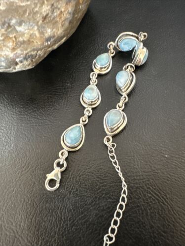 Navajo Blue Larimar Link Bracelet | Sterling Silver | 8" | Authentic Native American Handmade | 16083