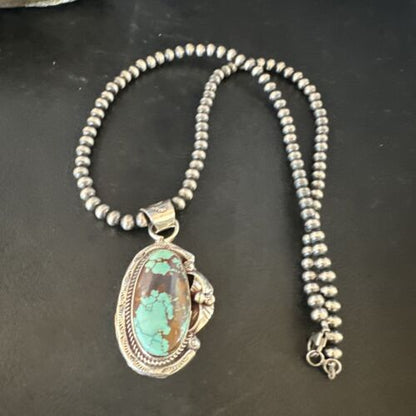 Navajo Blue Turquoise #8 Pendant | Sterling Silver Pearls Necklace | Authentic Native American Handmade | 15502