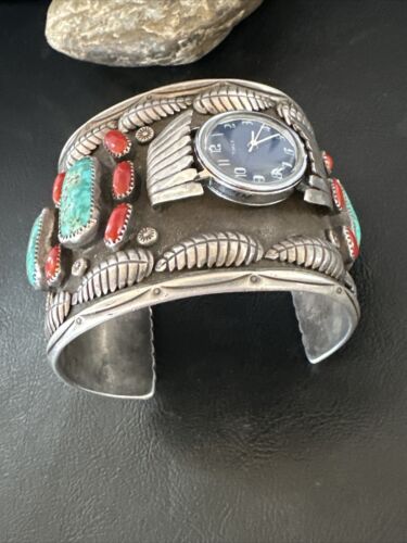 Navajo Men's Women's Royston Turquoise Coral Watch Cuff Bracelet | Sterling Silver | Authentic Native American | XL | 15850