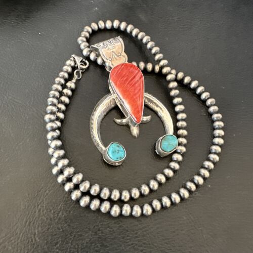 Navajo Blue Turquoise Red Spiny Oyster Naja Pendant | Sterling Silver | Authentic Native American Handmade | 16409