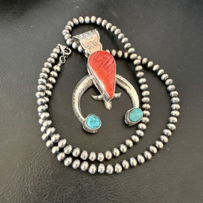 Navajo Blue Turquoise Red Spiny Oyster Naja Pendant | Sterling Silver | Authentic Native American Handmade | 16409