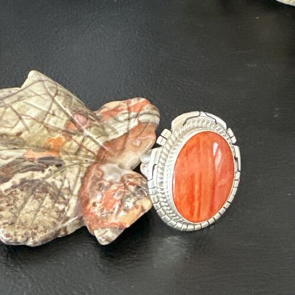 Women's Orange Spiny Oyster Navajo Ring | Sterling Silver | Sz 8 | Authentic Native American Handmade | 16034