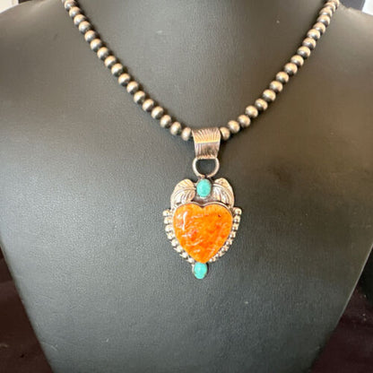 Navajo Spiny Oyster Heart | Turquoise Pendant Necklace | Sterling Silver | Authentic Native American Handmade | 16457