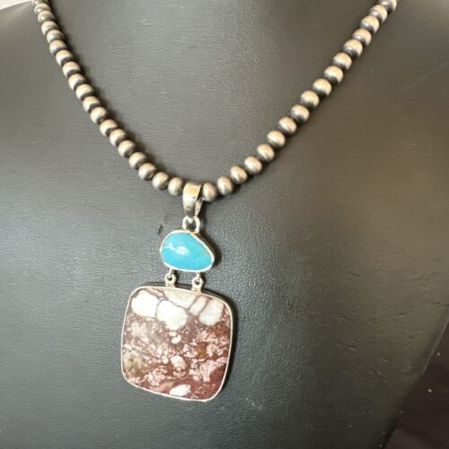 Men's Wild Horse & Blue Kingman Turquoise Necklace | Sterling Silver SW Pendant | 17320