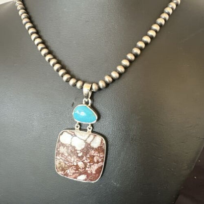 Men's Wild Horse & Blue Kingman Turquoise Necklace | Sterling Silver SW Pendant | 17320