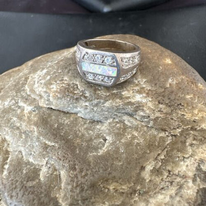 Navajo Cubic Zirconia Opal Inlay Ring | Sterling Silver | Sz 6.5 | Authentic Native American Handmade | 17156