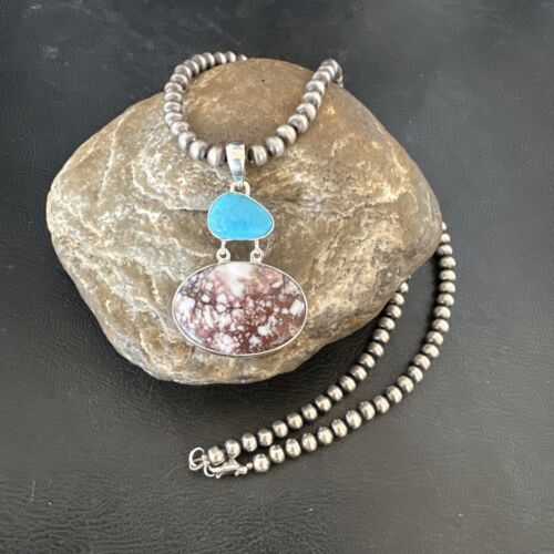 Navajo Wild Horse Blue Kingman Turquoise Necklace | Sterling Silver | Authentic Native American Handmade | 17340