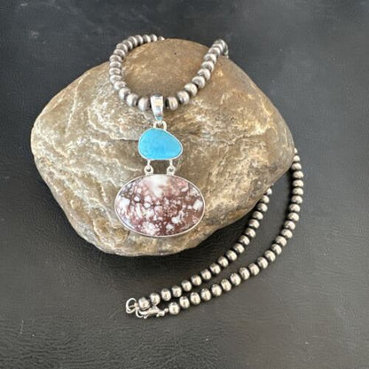 Navajo Wild Horse Blue Kingman Turquoise Necklace | Sterling Silver | Authentic Native American Handmade | 17340