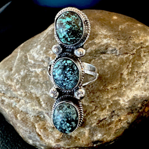Womens Blue Spiderweb Turquoise 3 Stone Navajo Sterling Silver Ring Size 10 16712