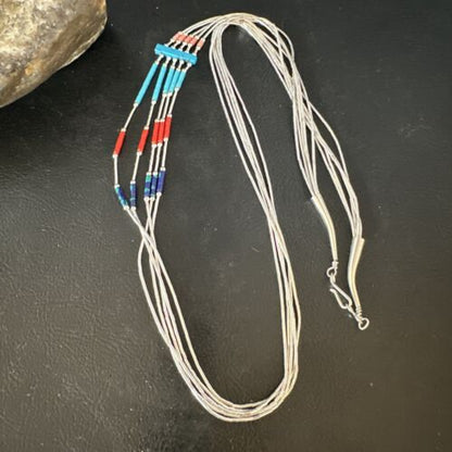 Multi-Color Liquid Silver Heishi 5-Strand Necklace | Sterling Tubes | 25" | 15055