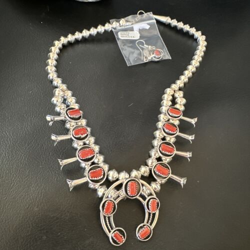 Navajo Red Coral Shadowbox Squash Blossom Necklace | Sterling Silver | 17" | Authentic Native American Handmade | 16118