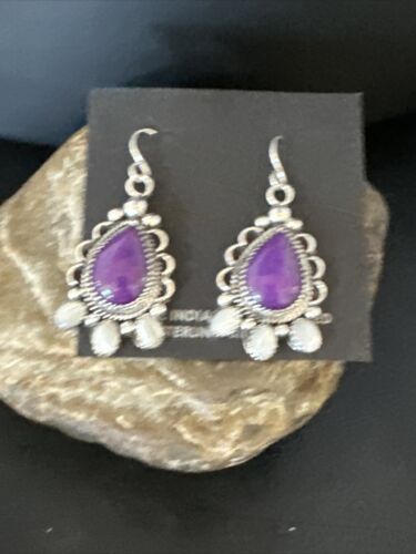 Navajo Purple Sugilite White Mother of Pearl Earrings | Sterling Silver | 1" | Authentic Native American Handmade | 15334