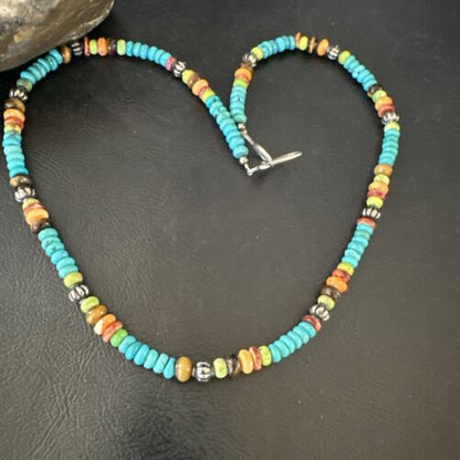 Navajo Blue Turquoise Spiny Oyster Necklace | Sterling Silver | 19" | Authentic Native American Handmade | 17490