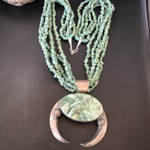 Navajo Green Turquoise Chrysoprase Naja Pendant Necklace | Sterling Silver | Authentic Native American Handmade | 16064