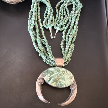 Navajo Green Turquoise Chrysoprase Naja Pendant Necklace | Sterling Silver | Authentic Native American Handmade | 16064