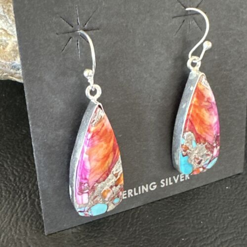 Navajo Red Spiny Oyster Turquoise Inlay Dangle Earrings | Sterling Silver | Authentic Native American Handmade | 15559
