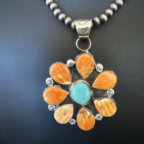 Navajo Blue Turquoise | Spiny Oyster Pendant Necklace | Sterling Silver | Multi-Stone | 16862