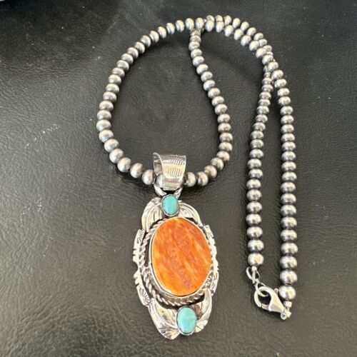 Navajo Spiny Oyster | Blue Turquoise Pendant Necklace | Sterling Silver | Native American Handmade | 16458