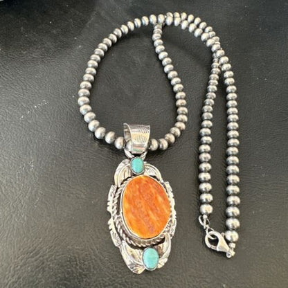 Navajo Spiny Oyster | Blue Turquoise Pendant Necklace | Sterling Silver | Native American Handmade | 16458