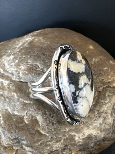 White Buffalo Turquoise Navajo Ring | Sterling Silver | Sz 9 | Authentic Native American Handmade | 16388