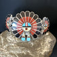 Zuni Blue Turquoise Coral Sunface Cuff Bracelet | Sterling Silver Inlay | Authentic Native American Handmade | 15059