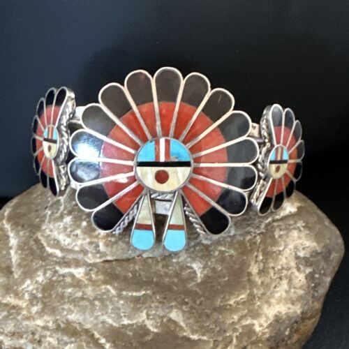 Zuni Blue Turquoise Coral Sunface Cuff Bracelet | Sterling Silver Inlay | Authentic Native American Handmade | 15059