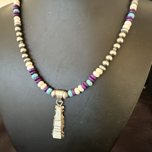 Navajo Opal Inlay Pendant with Turquoise and Sugilite | Sterling Silver Necklace | Authentic Native American Handmade | 16850