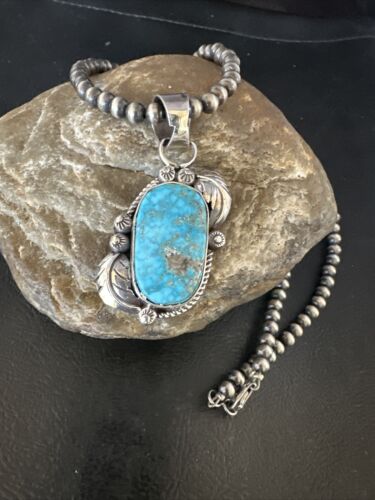 Navajo Kingman Turquoise Pendant Necklace | Sterling Silver | Native American Handmade | 15211