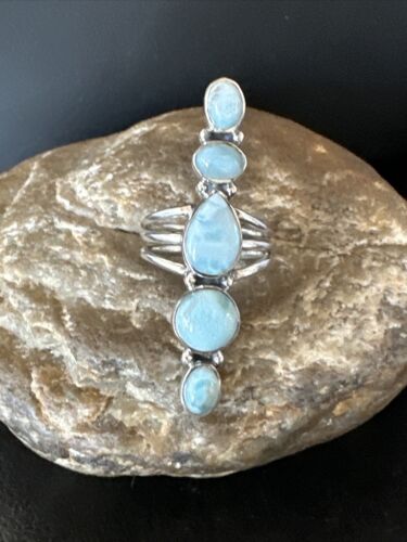 Navajo Women's Cluster Blue Larimar Ring | Authentic Native American Sterling Silver | Multi-Stone | Sz 8 | 16158