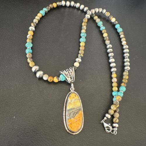 Navajo BumbleBee Jasper Pendant with Pearls | Sterling Silver Necklace | Authentic Native American Handmade | 16877