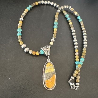 Navajo BumbleBee Jasper Pendant with Pearls | Sterling Silver Necklace | Authentic Native American Handmade | 16877