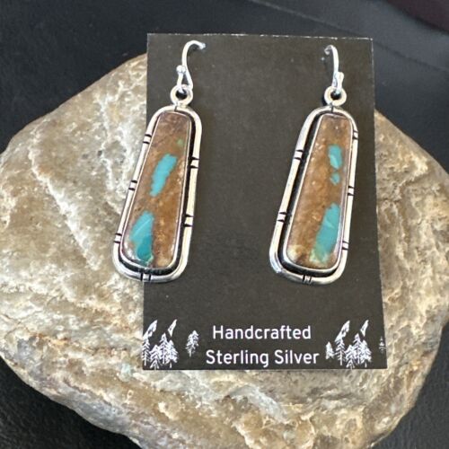 Navajo Blue Boulder Turquoise Dangle Earrings | Sterling Silver | Authentic Native American Handmade | 16499