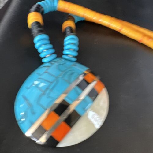 Santo Domingo Shell Turquoise Spiny Inlay Necklace | Sterling Silver | 22" | Authentic Native American Handmade | 15321