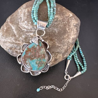 Navajo Blue Turquoise Pendant | Sterling Silver 3-Strand Bead Necklace | 17" | Authentic Native American Handmade | 15995
