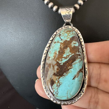 Navajo Blue Turquoise #8 Pendant Necklace | Sterling Silver Pearls | Authentic Native American Handmade | 16346