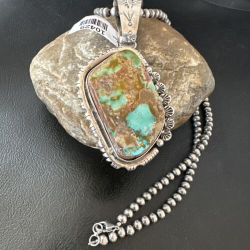 Men's Navajo Blue Green Royston Turquoise Pendant Necklace | Sterling Silver | Native American Handmade | 10429