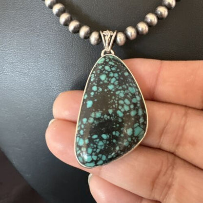 Men's Navajo Blue Spiderweb Turquoise Pendant Necklace | Sterling Silver | Authentic Native American Handmade | 16227