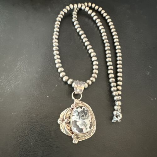 Men's White Buffalo Turquoise Pendant Necklace | Navajo Pearls | Sterling Silver | Native American Handmade | 17331