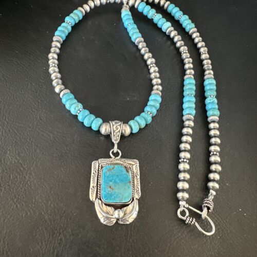 Navajo Blue Turquoise Pendant Necklace | Sterling Silver Pearls | Authentic Native American Handmade | 15420