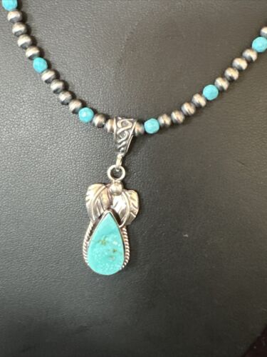 Navajo Pearls Kingman Turquoise Pendant Necklace | Sterling Silver | Authentic Native American Handmade | 14892