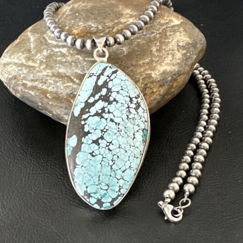 Men's Navajo Blue Spiderweb Turquoise Pendant Necklace | Sterling Silver | Authentic Native American Handmade | 16231