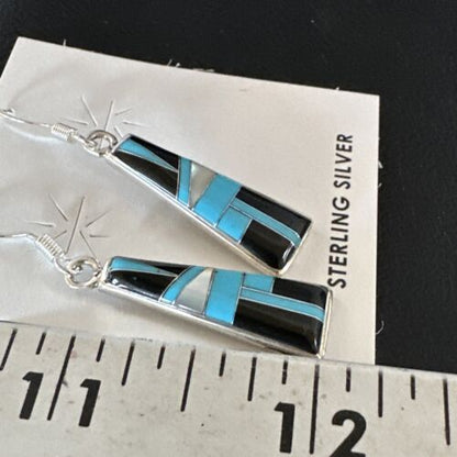 Navajo Blue Turquoise Black Onyx Inlay Earrings | Sterling Silver | 1" | Authentic Native American Handmade | 15700
