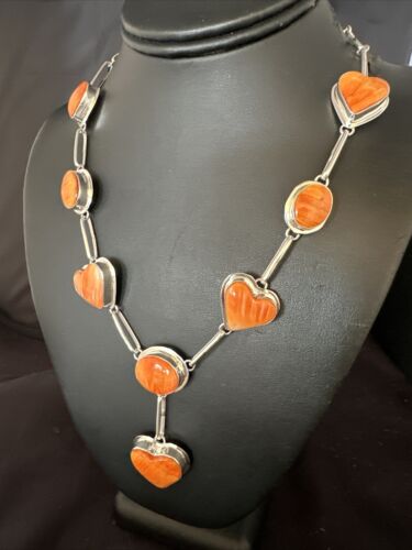 Navajo Lariat Necklace with Orange Spiny Oyster Earrings | Sterling Silver Pendant | 19" | Authentic Native American Handmade | 14955