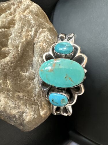Kingman Turquoise Navajo Cuff Bracelet | Sterling Silver Tufa Cast | Authentic Native American Handmade | 16784 - Masha USA