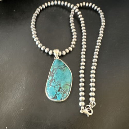 Men's Navajo Blue Spiderweb Turquoise Pendant Necklace | Sterling Silver | Authentic Native American Handmade | 16219