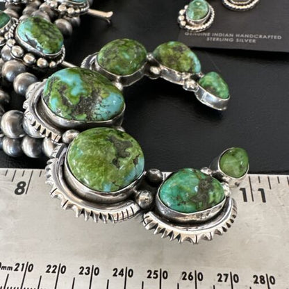 Green Sonoran Gold Turquoise Sterling Silver Squash Blossom Necklace Pendant | Navajo | 17207