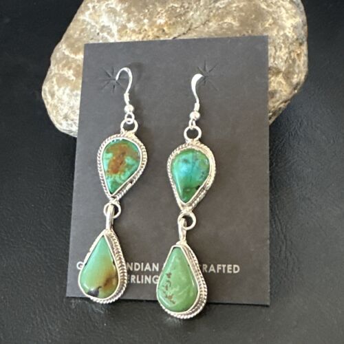 Navajo Green Royston Turquoise Dangle Earrings | Sterling Silver | Authentic Native American Handmade | 16492 - Masha USA