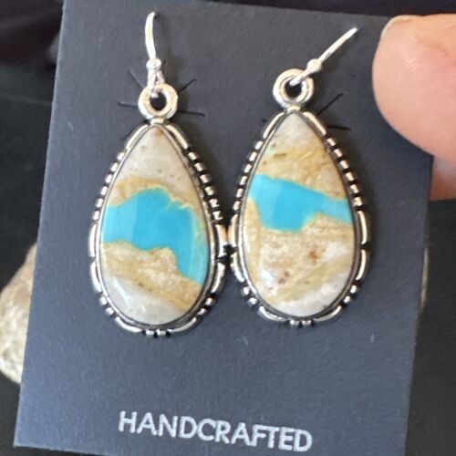 Navajo Blue Boulder Turquoise Dangle Earrings | Sterling Silver | Authentic Native American Handmade | 16503